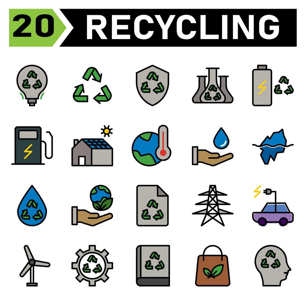 Ökologie und Recycling-Icon-Set umfassen Recycling, Abfall, Material, Schild, Schutz, Chemie, Wissenschaft, Batterie, Aufladung, Station, Elektrik, Ladegerät, Haus, Solar, Panel, Zuhause, Thermometer, Erwärmung vektor