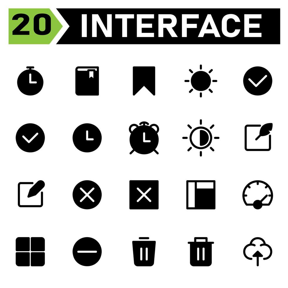 användare gränssnitt ikon uppsättning inkludera tid, larm, användare gränssnitt, bokmärke, studie, ljusstyrka, Sol, väder, cirkel, kolla upp, lista, märke, klocka, motsatser, låda, skapa, notera, korsa, layout, instrumentbräda vektor