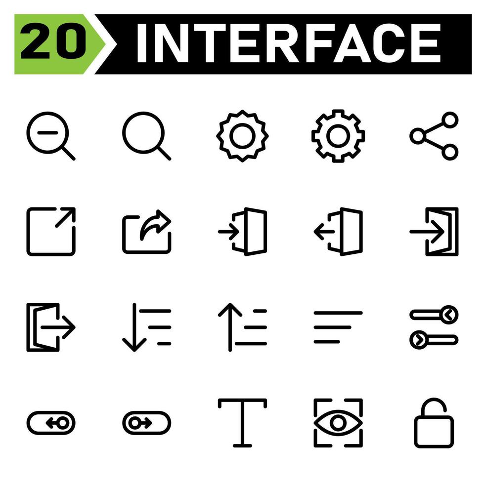 Das Symbolset für die Benutzeroberfläche umfasst Suche, Verkleinern, Lupe, Benutzeroberfläche, Zahnrad, Einstellung, Teilen, Link, Pfeile, Zeichen, Ein, Tür, Aus, Sortieren, Aufsteigend, Abwärts, Absteigend, Liste, Schalter, Doppelt, Rechts, Links vektor