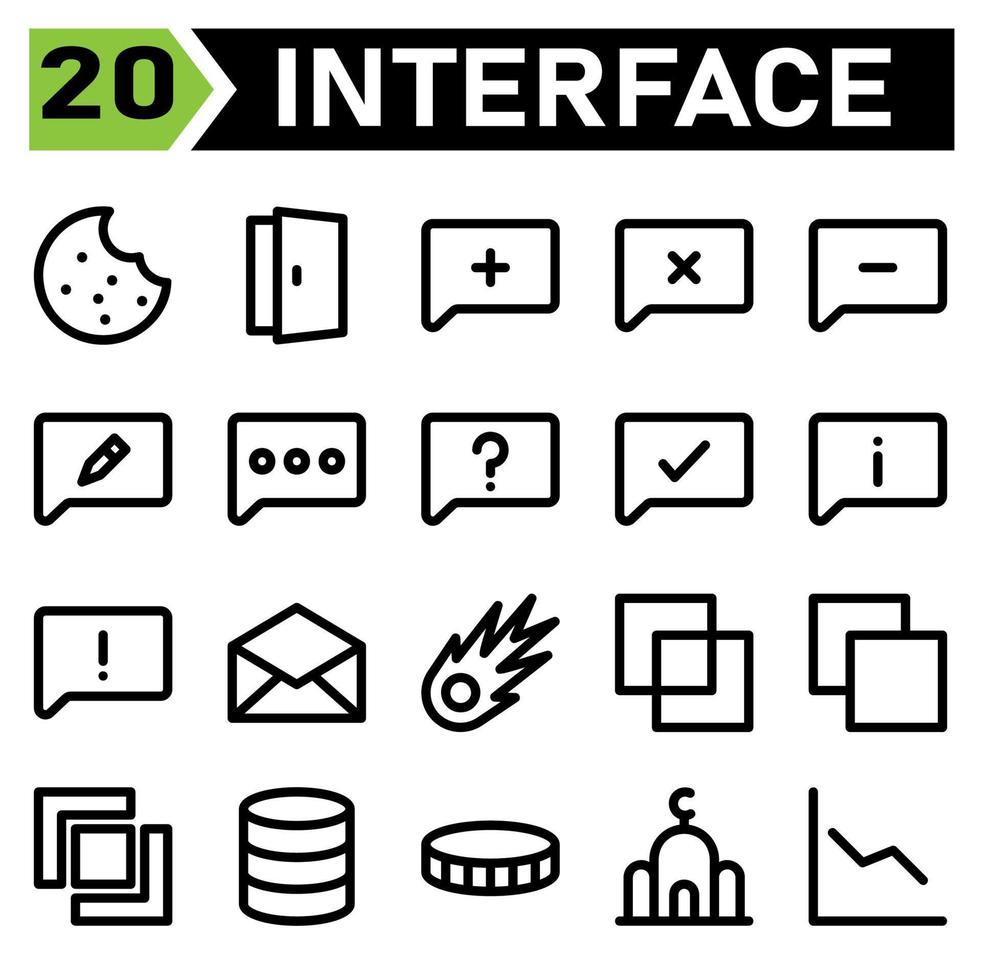 Das Symbolset für die Benutzeroberfläche umfasst Kekse, Kekse, Kuchen, Schokoladensplitter, Benutzeroberfläche, Tür, Öffnen, Anmelden, Eingeben, Kommentieren, Hinzufügen, Text, Blase, Kreuz, Minus, Bearbeiten, Nachricht, Frage, Prüfen, Info, Warnung vektor