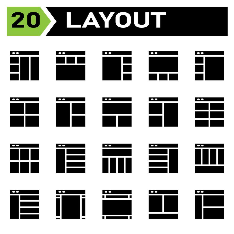 Das Layout-Icon-Set umfasst Layout, Raster, Dashboard, Schnittstelle, Benutzeroberfläche, Ausrichtung, Vorlage, Design, Flayer, Grafik, Cover, Poster, Vektor, Banner, Kreativ, Konzept, Broschüre, abstrakt, modern, Bus vektor