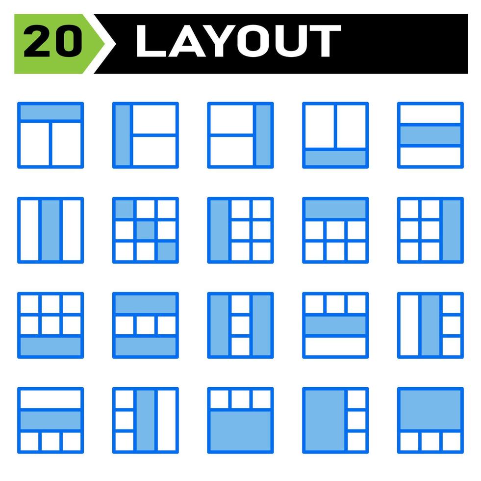 Das Layout-Icon-Set umfasst Layout, Raster, Dashboard, Schnittstelle, Benutzeroberfläche, Ausrichtung, Vorlage, Design, Flayer, Grafik, Cover, Poster, Vektor, Banner, Kreativ, Konzept, Broschüre, abstrakt, modern, Bus vektor