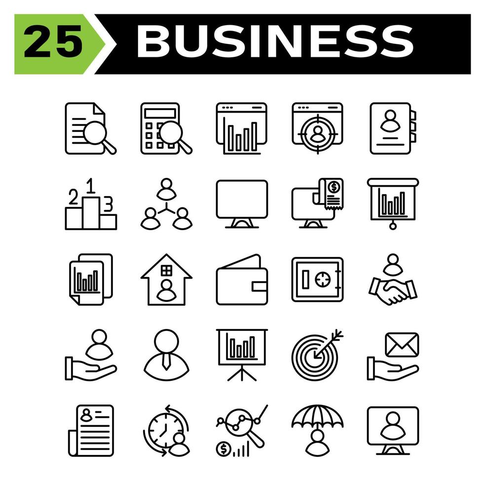 Office Business Icon Set umfasst Dokument, Suche, verifiziert, Forschung, Geschäft, Buchhaltung, Taschenrechner, Berechnung, Finanzen, digitales Marketing, Diagramm, Web, Analytik, Präsentation, Ziel, Mitarbeiter vektor