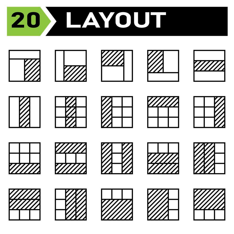 Das Layout-Icon-Set umfasst Layout, Raster, Dashboard, Schnittstelle, Benutzeroberfläche, Ausrichtung, Vorlage, Design, Flayer, Grafik, Cover, Poster, Vektor, Banner, Kreativ, Konzept, Broschüre, abstrakt, modern, Bus vektor