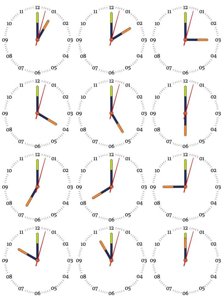 ein Satz mechanischer Uhren mit einem Bild von jeder der zwölf Stunden. Ziffernblatt auf weißem Hintergrund. vektor