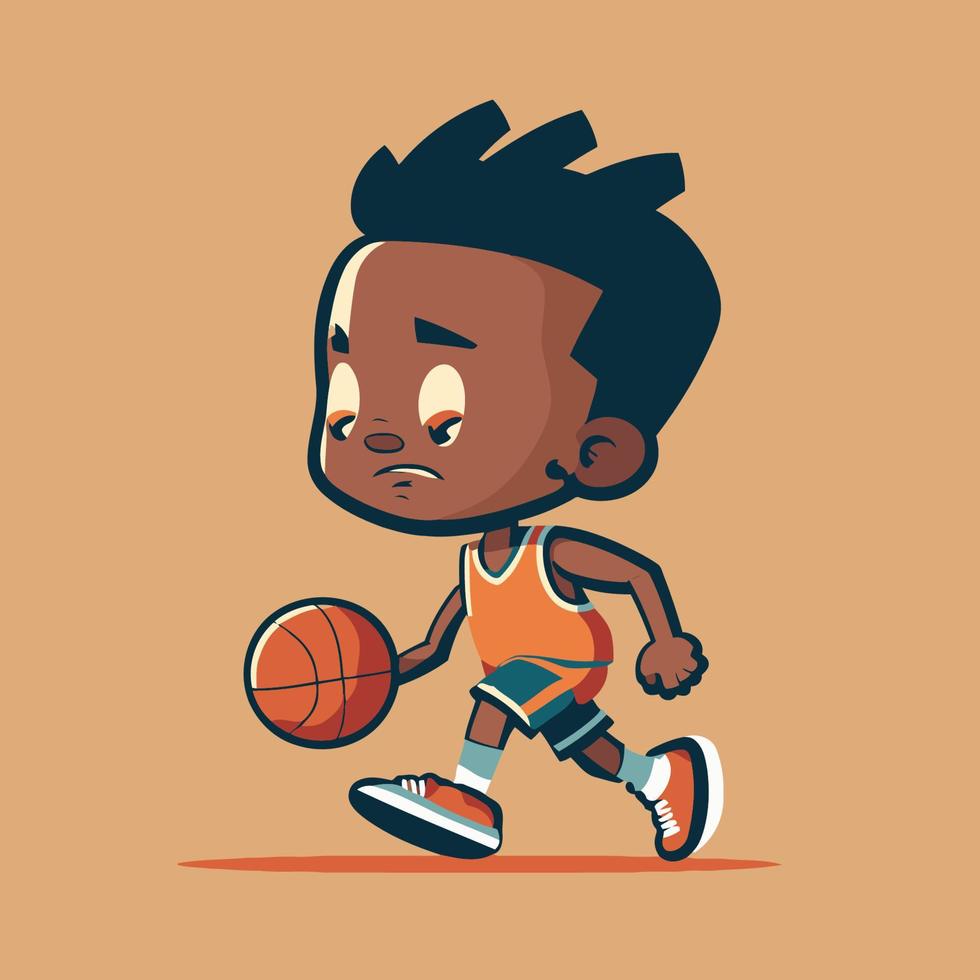 ung svart unge spelar basketboll, liten pojke spela boll vektor tecknad serie