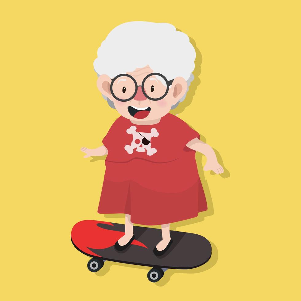 glückliche alte Frau fährt ein Skateboard vektor