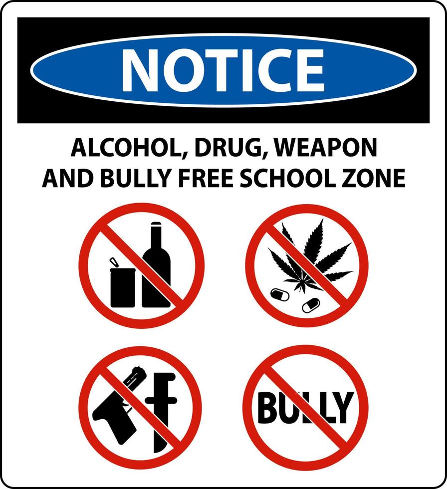 skola säkerhet tecken lägga märke till, alkohol, läkemedel, vapen och översittare fri skola zon vektor