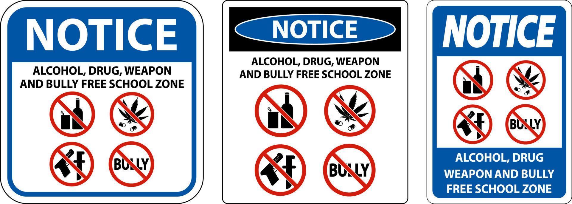 skola säkerhet tecken lägga märke till, alkohol, läkemedel, vapen och översittare fri skola zon vektor