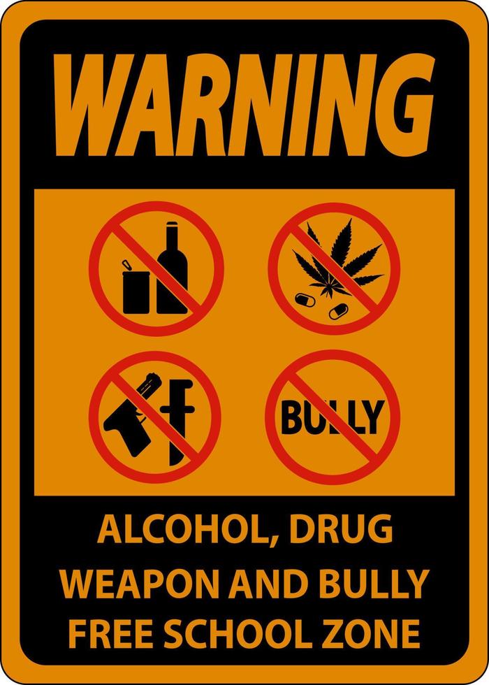 schulsicherheitszeichenwarnung, alkohol-, drogen-, waffen- und mobberfreie schulzone vektor