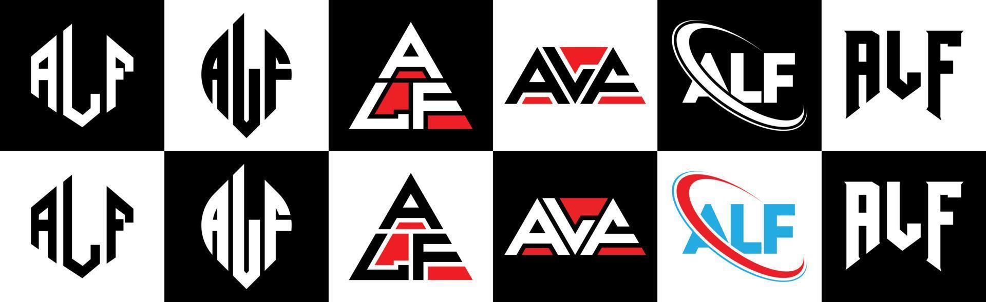 alf brev logotyp design i sex stil. alf polygon, cirkel, triangel, sexhörning, platt och enkel stil med svart och vit Färg variation brev logotyp uppsättning i ett rittavla. alf minimalistisk och klassisk logotyp vektor