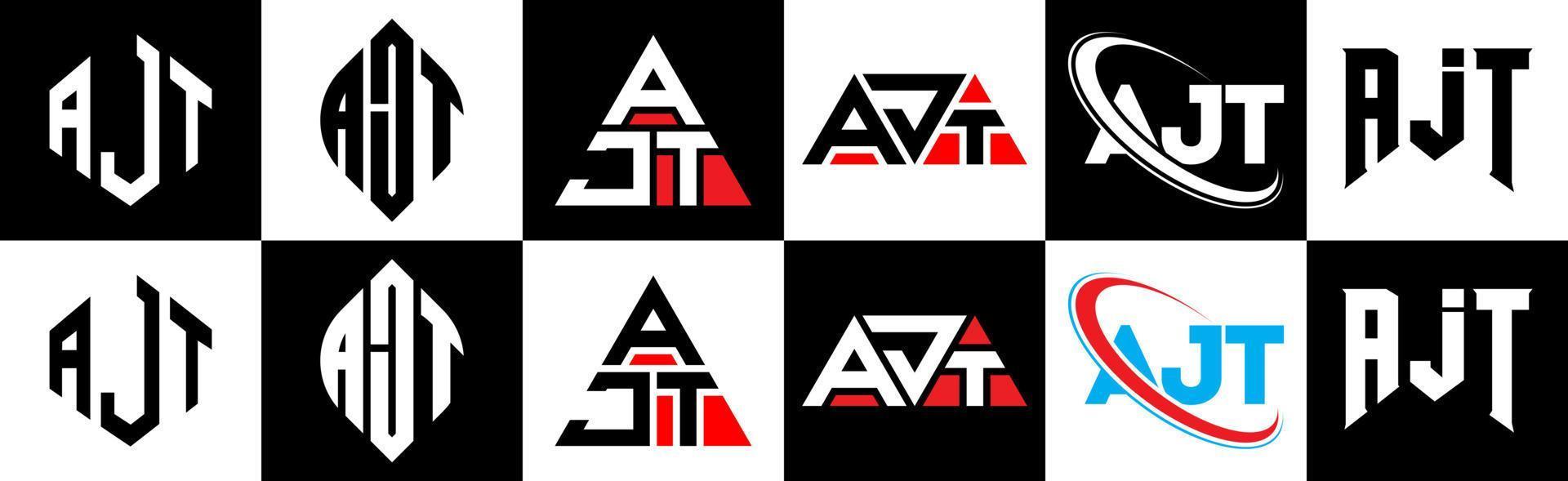 ajt brev logotyp design i sex stil. ajt polygon, cirkel, triangel, sexhörning, platt och enkel stil med svart och vit Färg variation brev logotyp uppsättning i ett rittavla. ajt minimalistisk och klassisk logotyp vektor