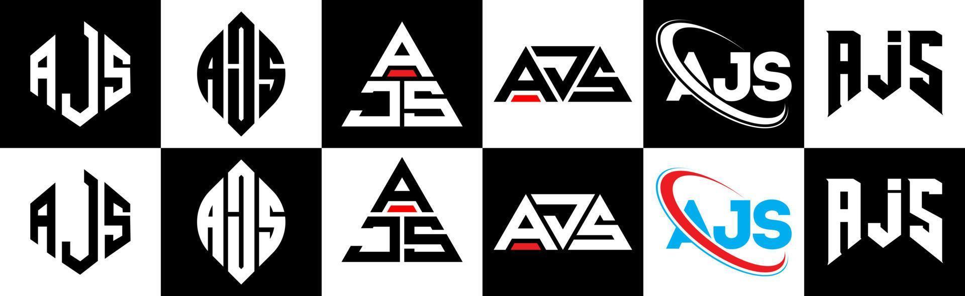 ajs brev logotyp design i sex stil. ajs polygon, cirkel, triangel, sexhörning, platt och enkel stil med svart och vit Färg variation brev logotyp uppsättning i ett rittavla. ajs minimalistisk och klassisk logotyp vektor