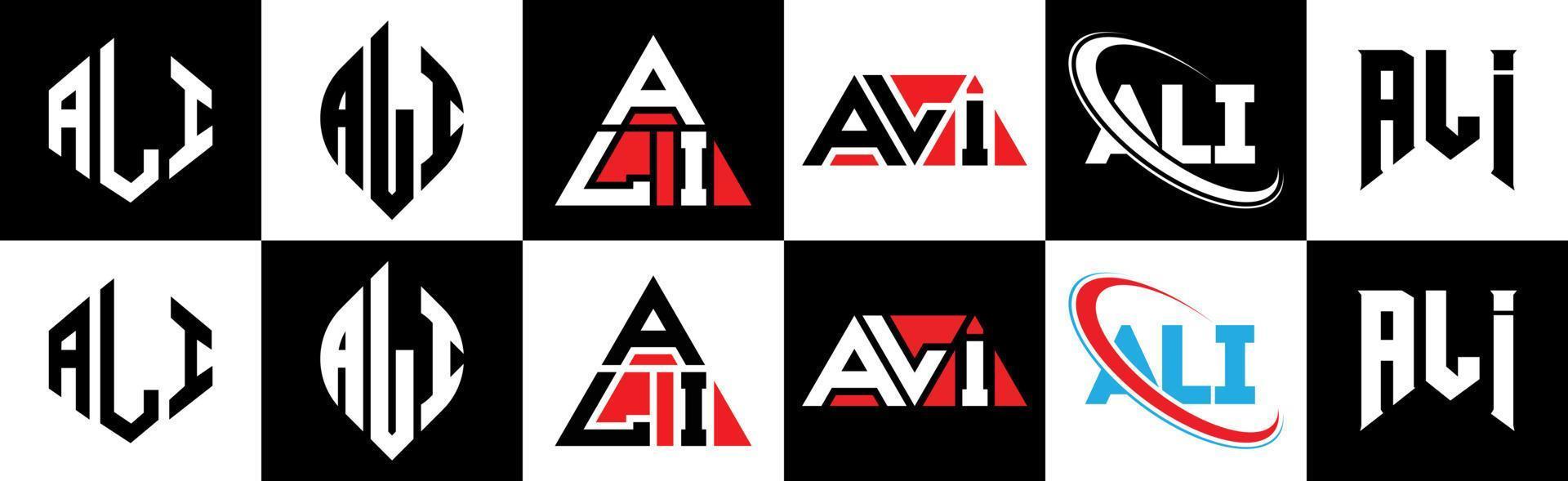 ali brev logotyp design i sex stil. ali polygon, cirkel, triangel, sexhörning, platt och enkel stil med svart och vit Färg variation brev logotyp uppsättning i ett rittavla. ali minimalistisk och klassisk logotyp vektor