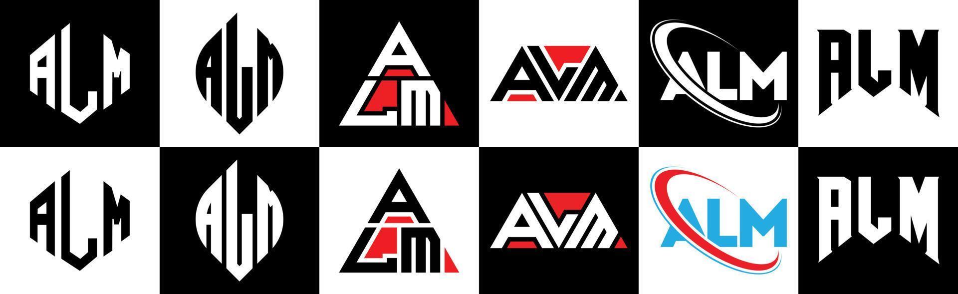Alm-Buchstaben-Logo-Design in sechs Stilen. almpolygon, kreis, dreieck, sechseck, flacher und einfacher stil mit schwarz-weißem buchstabenlogo in einer zeichenfläche. alm minimalistisches und klassisches Logo vektor