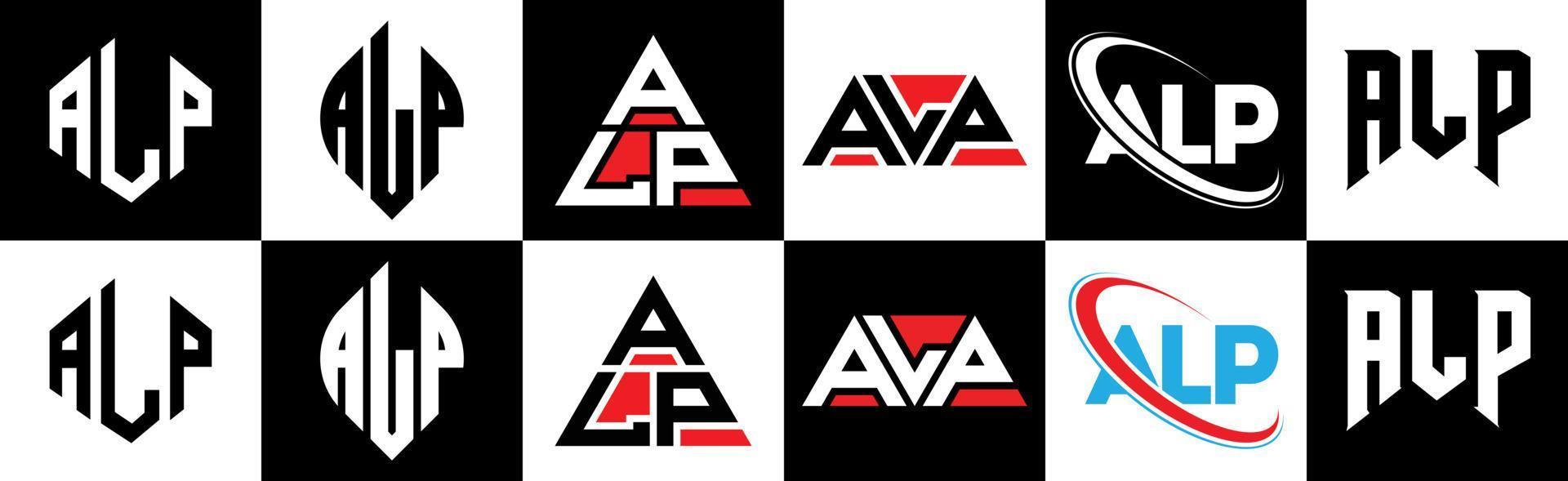 Alp-Brief-Logo-Design in sechs Stilen. Alpenpolygon, Kreis, Dreieck, Sechseck, flacher und einfacher Stil mit schwarz-weißem Buchstabenlogo in einer Zeichenfläche. Alp minimalistisches und klassisches Logo vektor