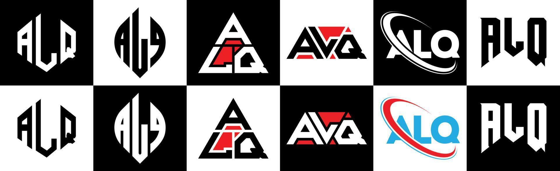 alq brev logotyp design i sex stil. alq polygon, cirkel, triangel, sexhörning, platt och enkel stil med svart och vit Färg variation brev logotyp uppsättning i ett rittavla. alq minimalistisk och klassisk logotyp vektor