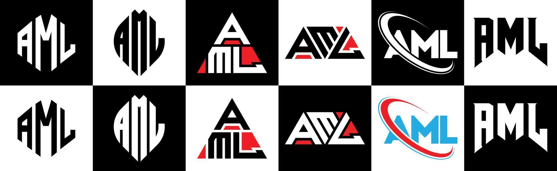 aml-Buchstaben-Logo-Design in sechs Stilen. aml polygon, kreis, dreieck, sechseck, flacher und einfacher stil mit schwarz-weißem buchstabenlogo in einer zeichenfläche. aml minimalistisches und klassisches logo vektor