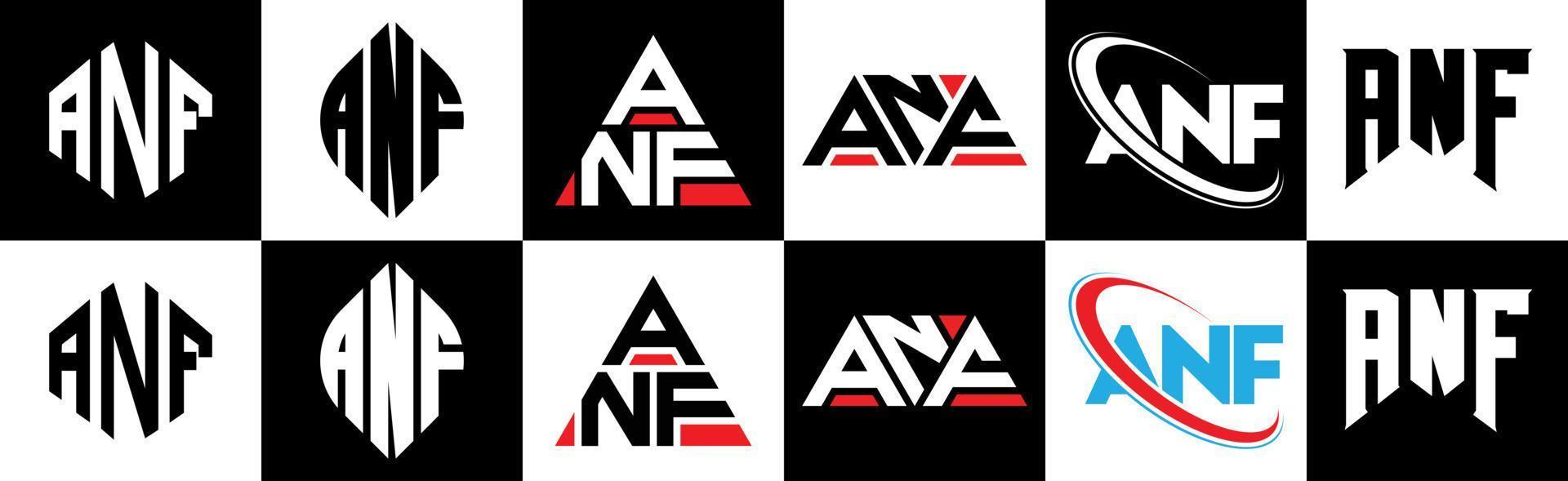 anf brev logotyp design i sex stil. anf polygon, cirkel, triangel, sexhörning, platt och enkel stil med svart och vit Färg variation brev logotyp uppsättning i ett rittavla. anf minimalistisk och klassisk logotyp vektor