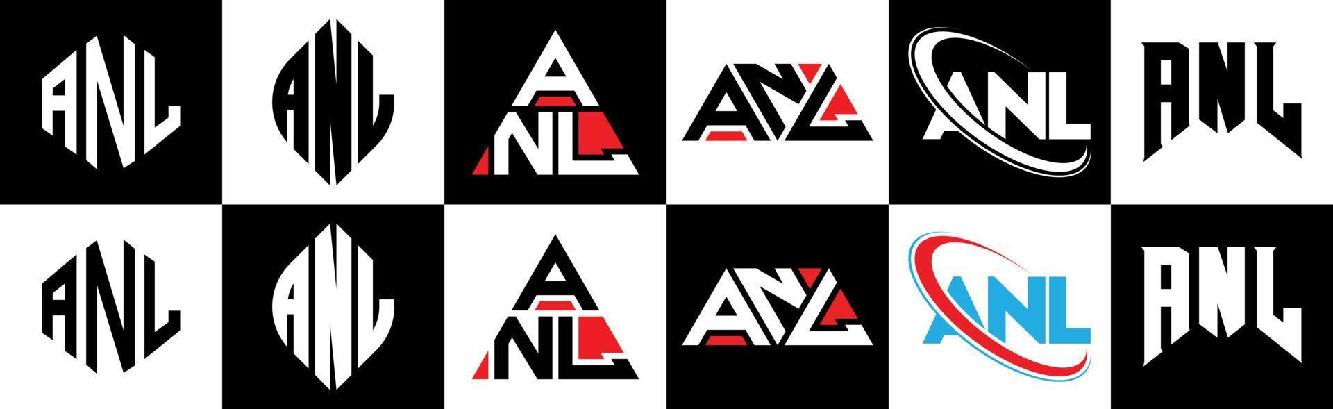 anl brev logotyp design i sex stil. anl polygon, cirkel, triangel, sexhörning, platt och enkel stil med svart och vit Färg variation brev logotyp uppsättning i ett rittavla. anl minimalistisk och klassisk logotyp vektor