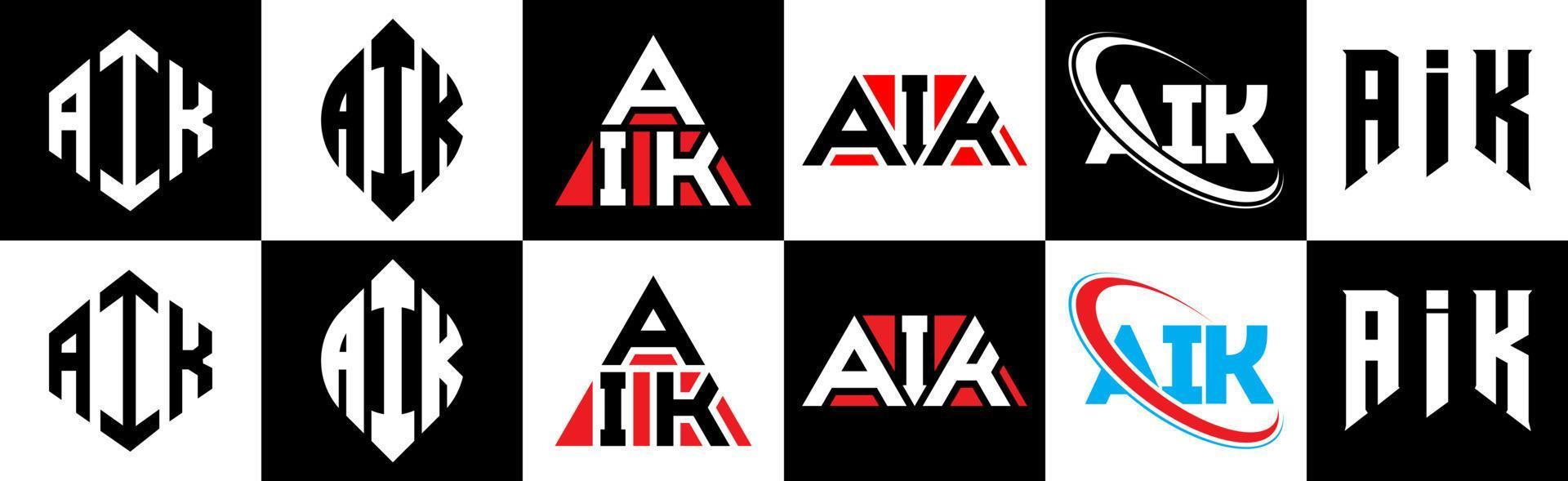 aik-Buchstaben-Logo-Design in sechs Stilen. aik polygon, kreis, dreieck, sechseck, flacher und einfacher stil mit schwarz-weißem buchstabenlogo in einer zeichenfläche. Aik minimalistisches und klassisches Logo vektor