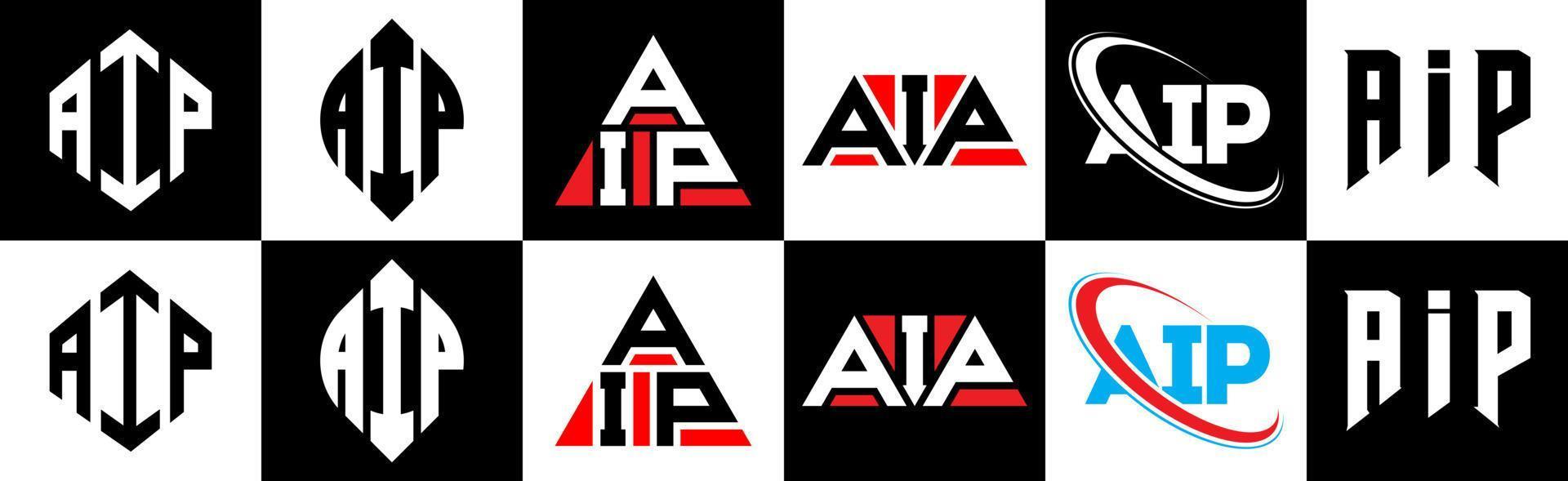 aip-Buchstaben-Logo-Design in sechs Stilen. aip polygon, kreis, dreieck, hexagon, flacher und einfacher stil mit schwarz-weißem farbvariationsbuchstabenlogo in einer zeichenfläche. Aip minimalistisches und klassisches Logo vektor