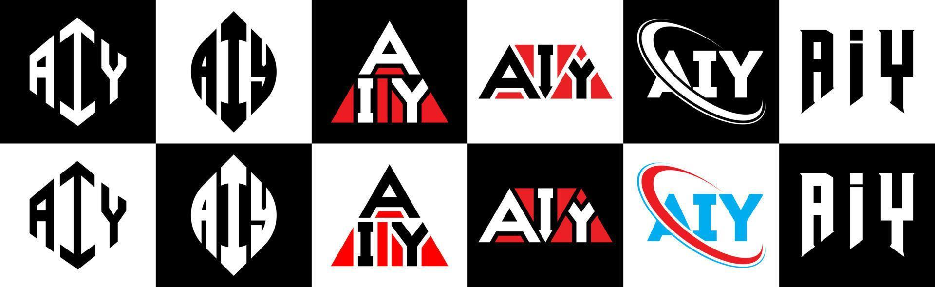 aiy-Buchstaben-Logo-Design in sechs Stilen. aiy polygon, kreis, dreieck, sechseck, flacher und einfacher stil mit schwarz-weißem buchstabenlogo in einer zeichenfläche. iy minimalistisches und klassisches Logo vektor