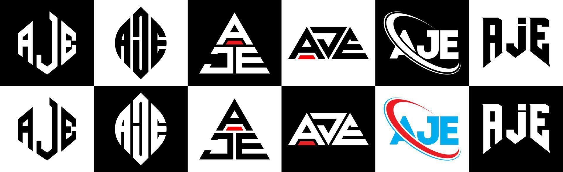 aje brev logotyp design i sex stil. aje polygon, cirkel, triangel, sexhörning, platt och enkel stil med svart och vit Färg variation brev logotyp uppsättning i ett rittavla. aje minimalistisk och klassisk logotyp vektor