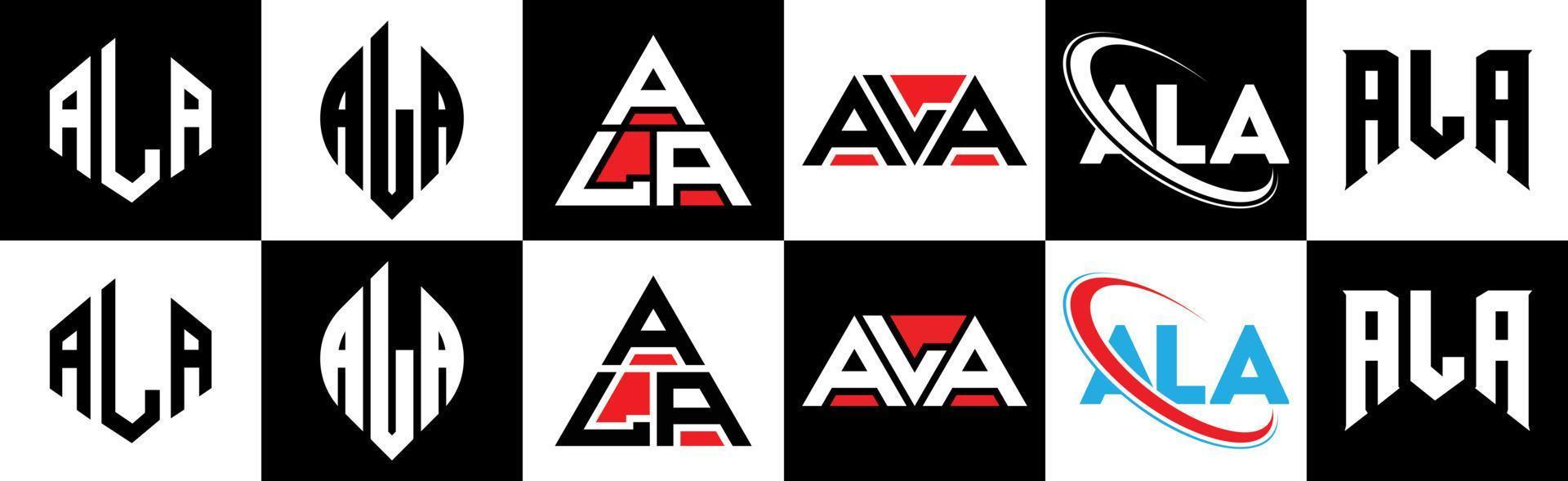 Ala-Buchstaben-Logo-Design in sechs Stilen. ala polygon, kreis, dreieck, sechseck, flacher und einfacher stil mit schwarz-weißem buchstabenlogo in einer zeichenfläche. ala minimalistisches und klassisches Logo vektor