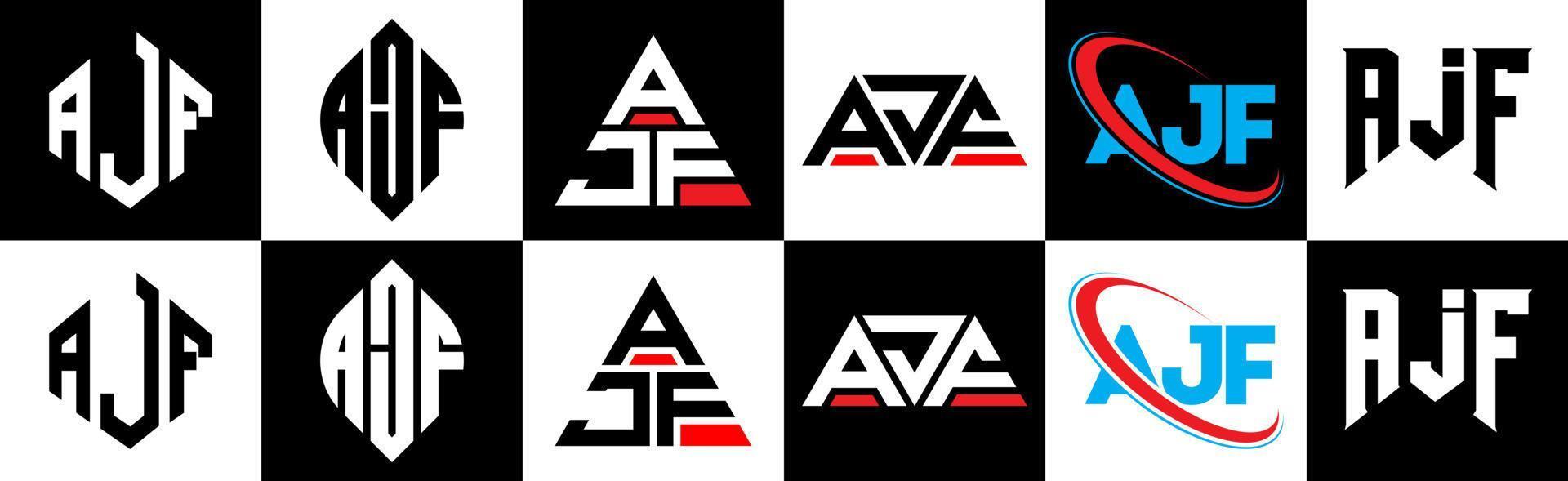 ajf brev logotyp design i sex stil. ajf polygon, cirkel, triangel, sexhörning, platt och enkel stil med svart och vit Färg variation brev logotyp uppsättning i ett rittavla. ajf minimalistisk och klassisk logotyp vektor