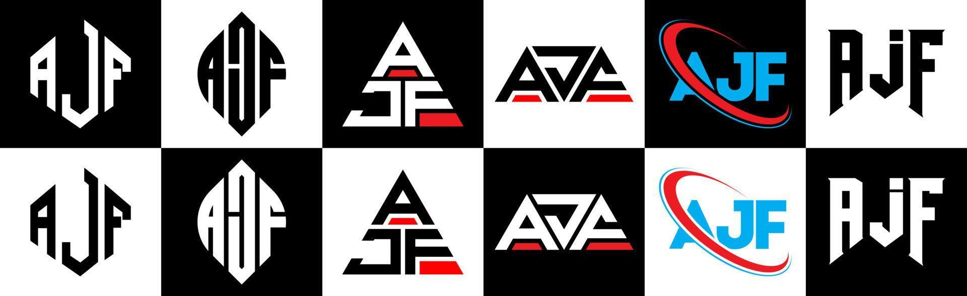 ajf-Buchstaben-Logo-Design in sechs Stilen. ajf polygon, kreis, dreieck, sechseck, flacher und einfacher stil mit schwarz-weißem buchstabenlogo in einer zeichenfläche. ajf minimalistisches und klassisches Logo vektor