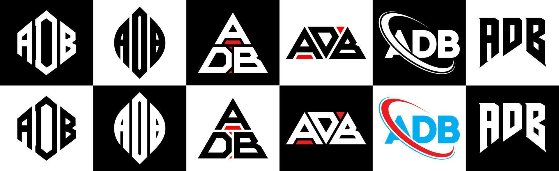 adb brev logotyp design i sex stil. adb polygon, cirkel, triangel, sexhörning, platt och enkel stil med svart och vit Färg variation brev logotyp uppsättning i ett rittavla. adb minimalistisk och klassisk logotyp vektor