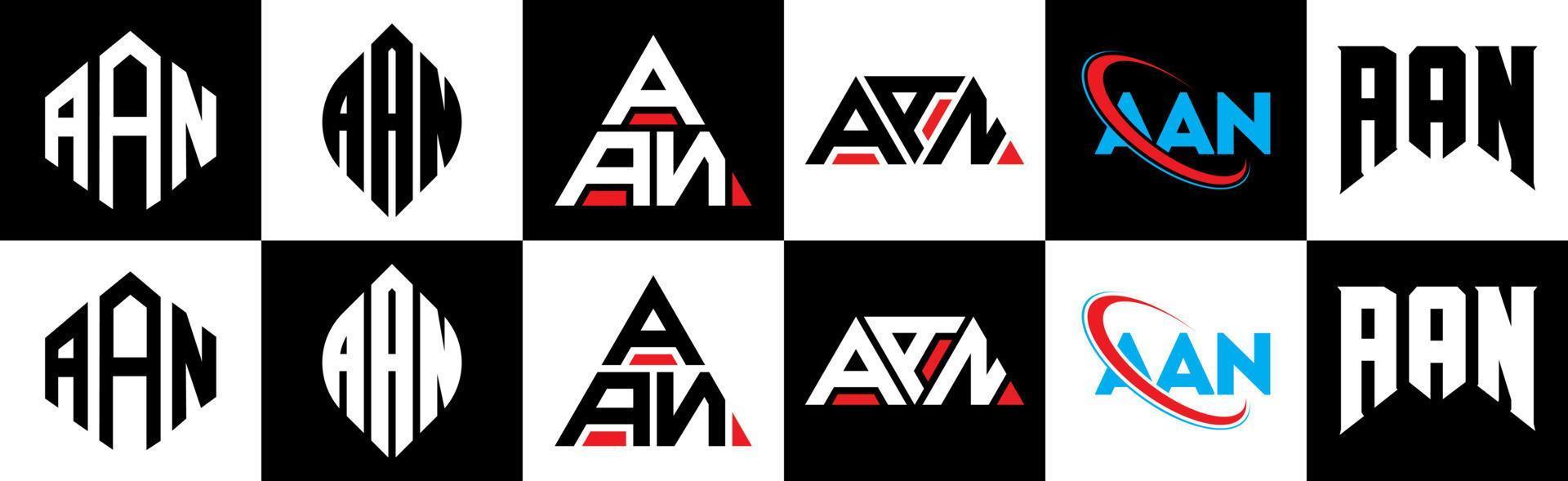 aan brev logotyp design i sex stil. aan polygon, cirkel, triangel, sexhörning, platt och enkel stil med svart och vit Färg variation brev logotyp uppsättning i ett rittavla. aan minimalistisk och klassisk logotyp vektor