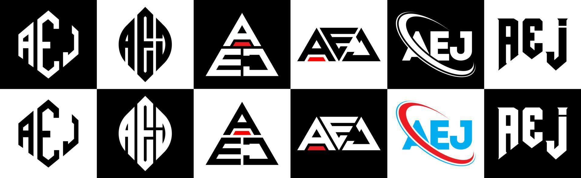 aej brev logotyp design i sex stil. aej polygon, cirkel, triangel, sexhörning, platt och enkel stil med svart och vit Färg variation brev logotyp uppsättning i ett rittavla. aej minimalistisk och klassisk logotyp vektor