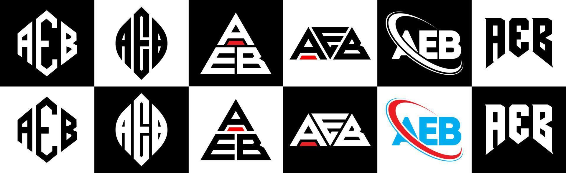 aeb brev logotyp design i sex stil. aeb polygon, cirkel, triangel, sexhörning, platt och enkel stil med svart och vit Färg variation brev logotyp uppsättning i ett rittavla. aeb minimalistisk och klassisk logotyp vektor