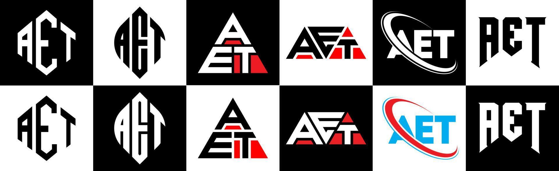 aet-Buchstaben-Logo-Design in sechs Stilen. aet polygon, kreis, dreieck, hexagon, flacher und einfacher stil mit schwarz-weißem farbvariationsbuchstabenlogo in einer zeichenfläche. ein minimalistisches und klassisches Logo vektor