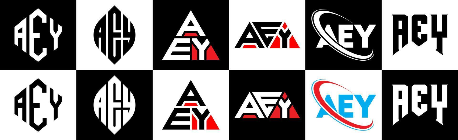 aey-Buchstaben-Logo-Design in sechs Stilen. aey polygon, kreis, dreieck, sechseck, flacher und einfacher stil mit schwarz-weißem buchstabenlogo in einer zeichenfläche. aey minimalistisches und klassisches Logo vektor