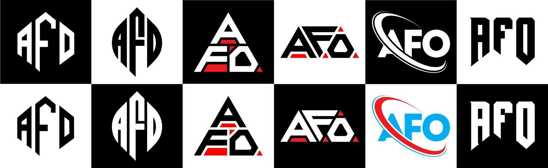 afo brev logotyp design i sex stil. afo polygon, cirkel, triangel, sexhörning, platt och enkel stil med svart och vit Färg variation brev logotyp uppsättning i ett rittavla. afo minimalistisk och klassisk logotyp vektor