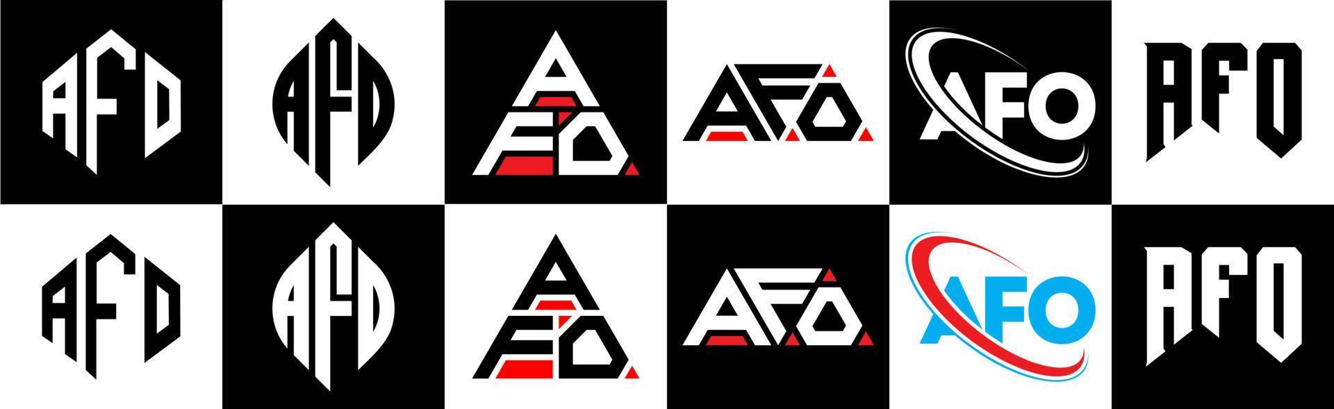 Afo-Buchstaben-Logo-Design in sechs Stilen. Afo-Polygon, Kreis, Dreieck, Sechseck, flacher und einfacher Stil mit schwarz-weißem Buchstabenlogo in einer Zeichenfläche. Afo minimalistisches und klassisches Logo vektor
