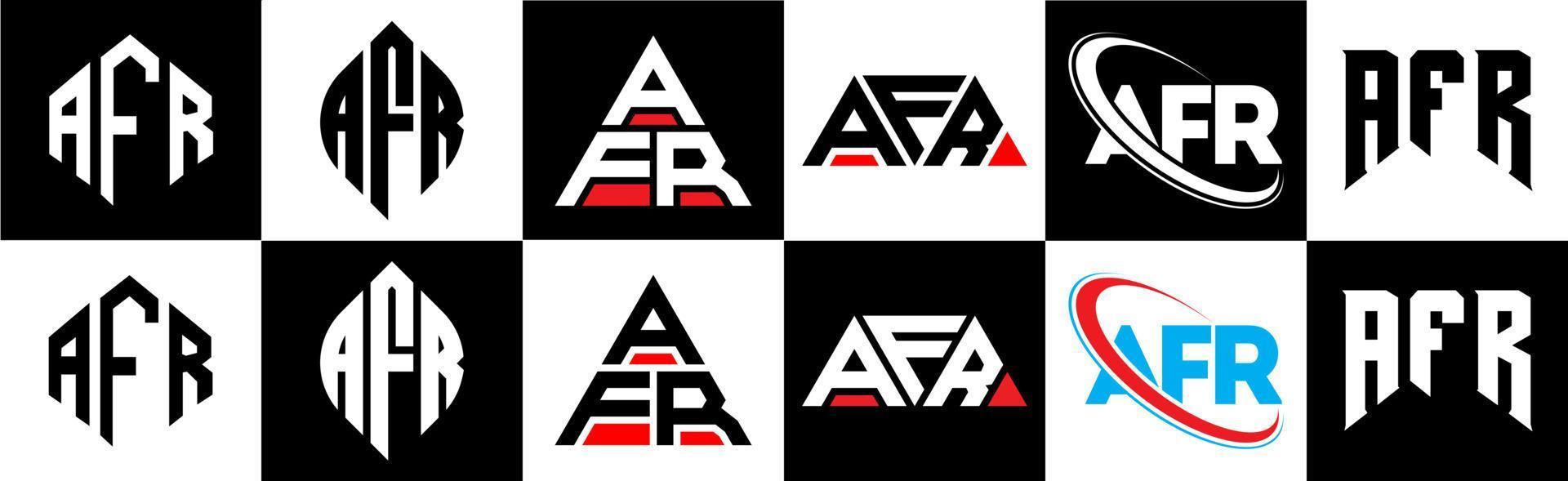 afr-Buchstaben-Logo-Design in sechs Stilen. afr polygon, kreis, dreieck, sechseck, flacher und einfacher stil mit schwarz-weißem buchstabenlogo in einer zeichenfläche. afr minimalistisches und klassisches logo vektor