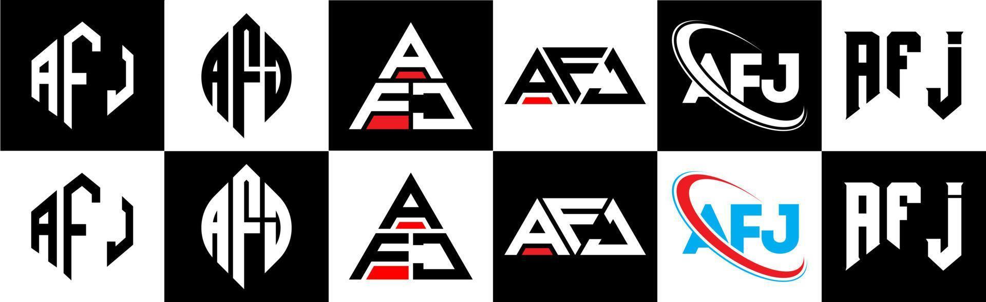 afj-Buchstaben-Logo-Design in sechs Stilen. afj polygon, kreis, dreieck, sechseck, flacher und einfacher stil mit schwarz-weißem buchstabenlogo in einer zeichenfläche. afj minimalistisches und klassisches logo vektor