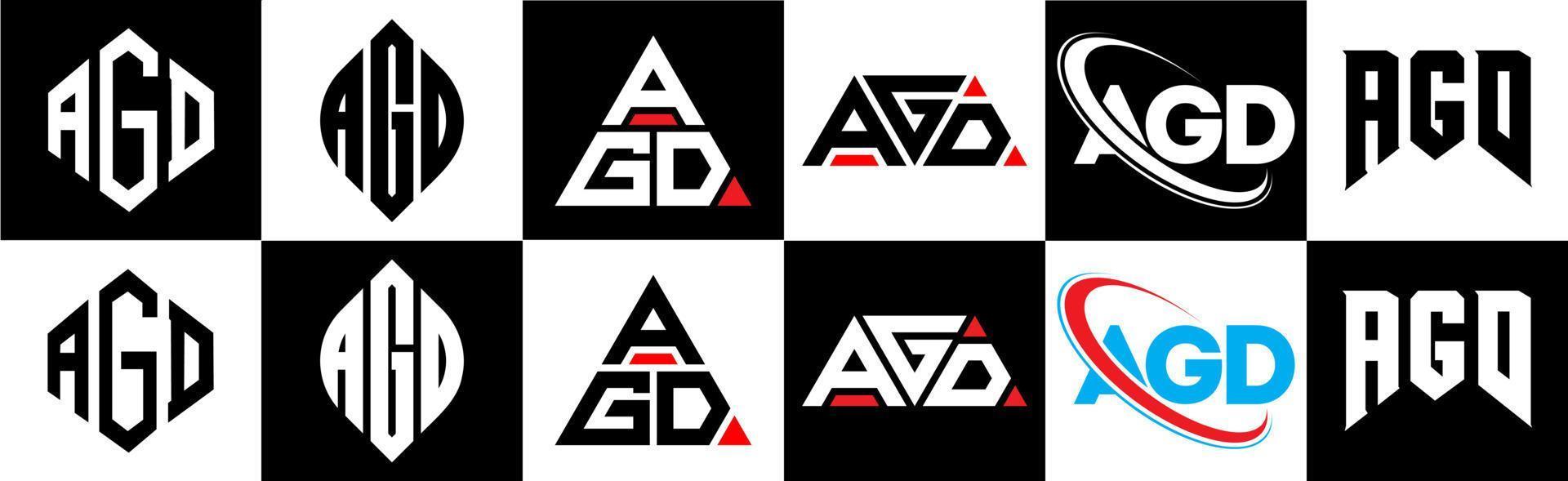 agd-Buchstaben-Logo-Design in sechs Stilen. agd polygon, kreis, dreieck, hexagon, flacher und einfacher stil mit schwarz-weißem buchstabenlogo in einer zeichenfläche. agd minimalistisches und klassisches logo vektor