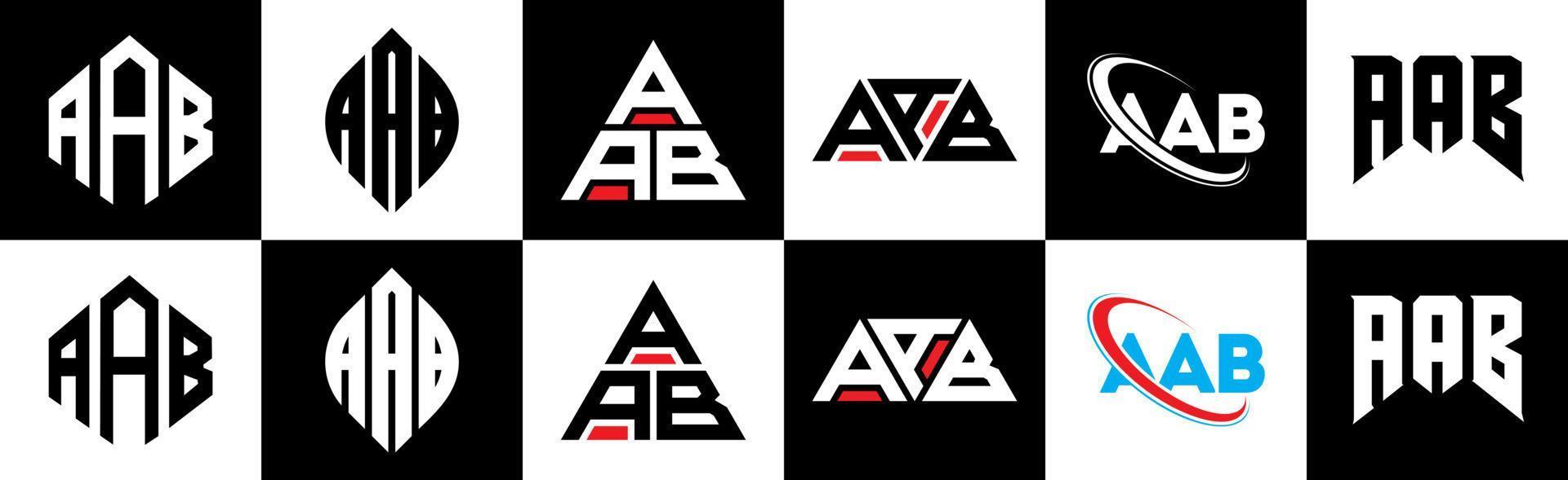 aab brev logotyp design i sex stil. aab polygon, cirkel, triangel, sexhörning, platt och enkel stil med svart och vit Färg variation brev logotyp uppsättning i ett rittavla. aab minimalistisk och klassisk logotyp vektor