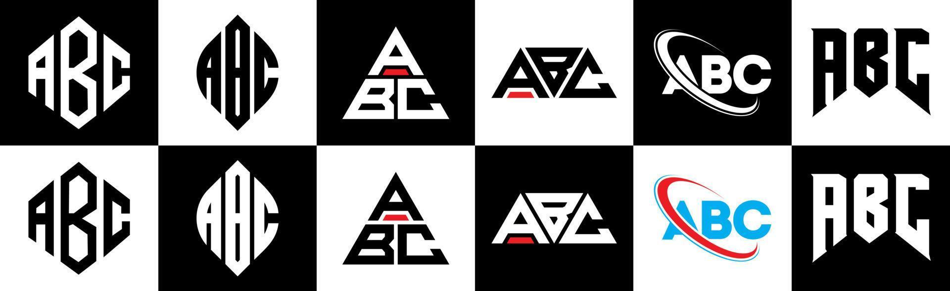 ABC-Buchstaben-Logo-Design in sechs Stilen. ABC-Polygon, Kreis, Dreieck, Sechseck, flacher und einfacher Stil mit schwarz-weißem Buchstabenlogo in einer Zeichenfläche. ABC minimalistisches und klassisches Logo vektor