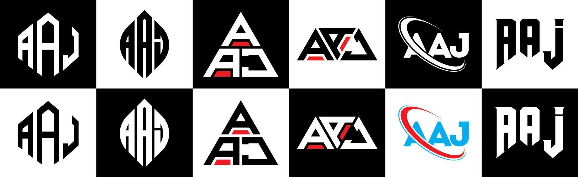 Aaj-Buchstaben-Logo-Design in sechs Stilen. aaj polygon, kreis, dreieck, sechseck, flacher und einfacher stil mit schwarz-weißem buchstabenlogo in einer zeichenfläche. aaj minimalistisches und klassisches Logo vektor