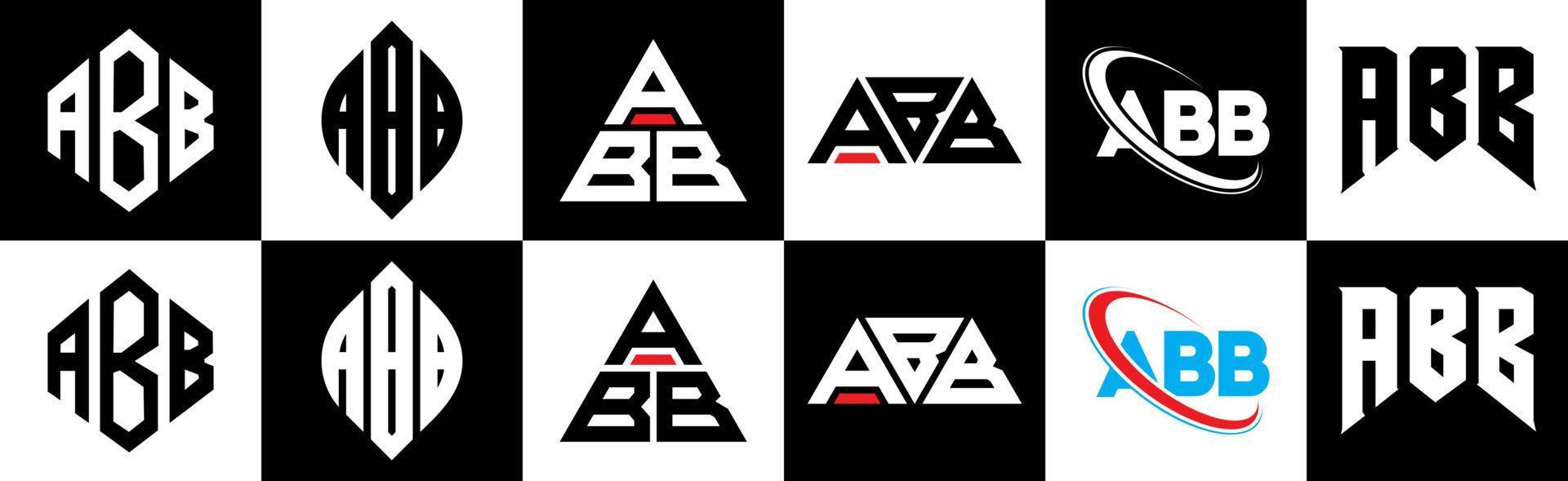 abb brev logotyp design i sex stil. abb polygon, cirkel, triangel, sexhörning, platt och enkel stil med svart och vit Färg variation brev logotyp uppsättning i ett rittavla. abb minimalistisk och klassisk logotyp vektor
