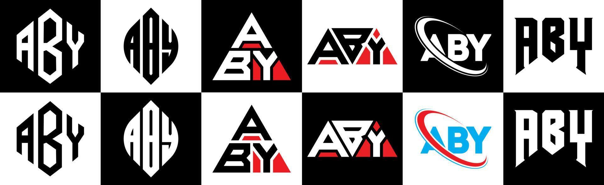 Aby-Buchstaben-Logo-Design in sechs Stilen. Aby-Polygon, Kreis, Dreieck, Sechseck, flacher und einfacher Stil mit schwarz-weißem Buchstabenlogo in einer Zeichenfläche. ein minimalistisches und klassisches Logo vektor