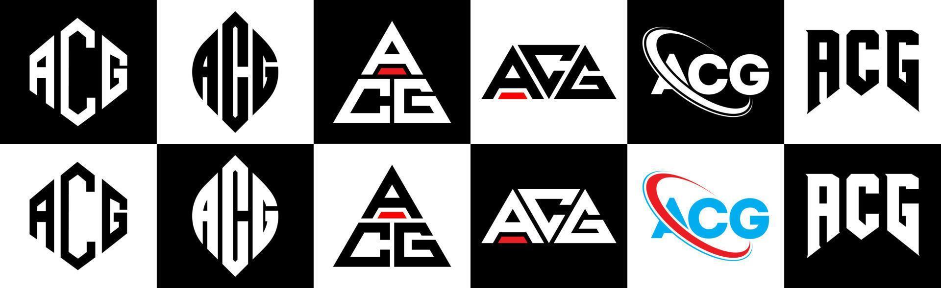 acg-Buchstaben-Logo-Design in sechs Stilen. acg polygon, kreis, dreieck, hexagon, flacher und einfacher stil mit schwarz-weißem farbvariationsbuchstabenlogo in einer zeichenfläche. acg minimalistisches und klassisches Logo vektor