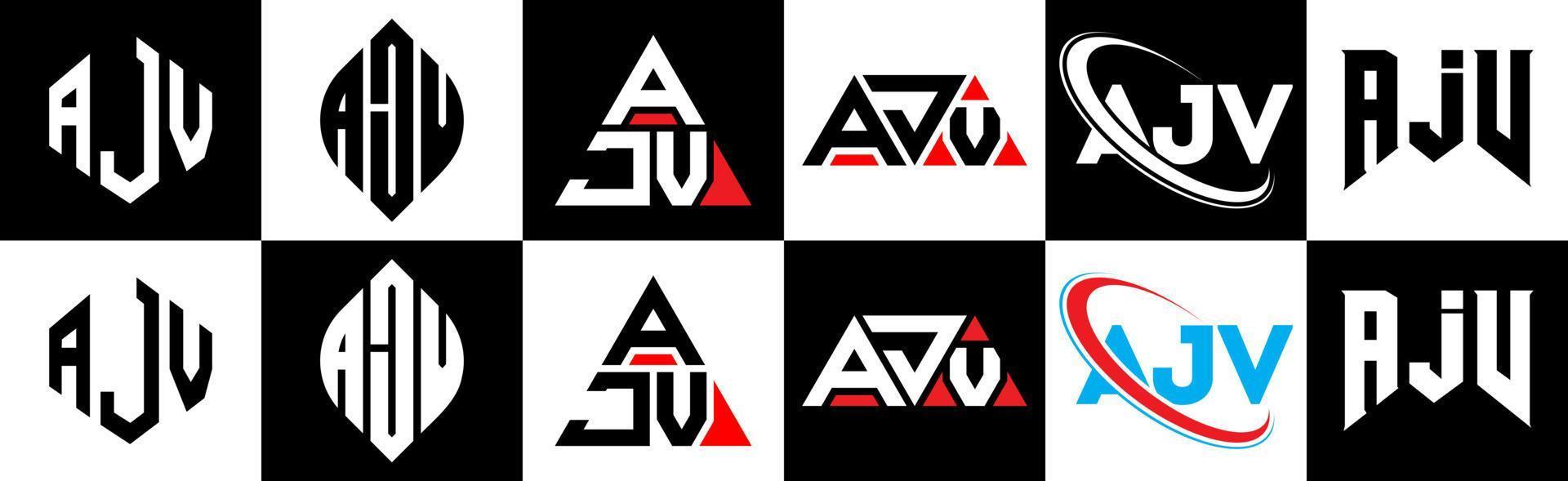 ajv-Buchstaben-Logo-Design in sechs Stilen. ajv polygon, kreis, dreieck, hexagon, flacher und einfacher stil mit schwarz-weißem buchstabenlogo in einer zeichenfläche. ajv minimalistisches und klassisches Logo vektor
