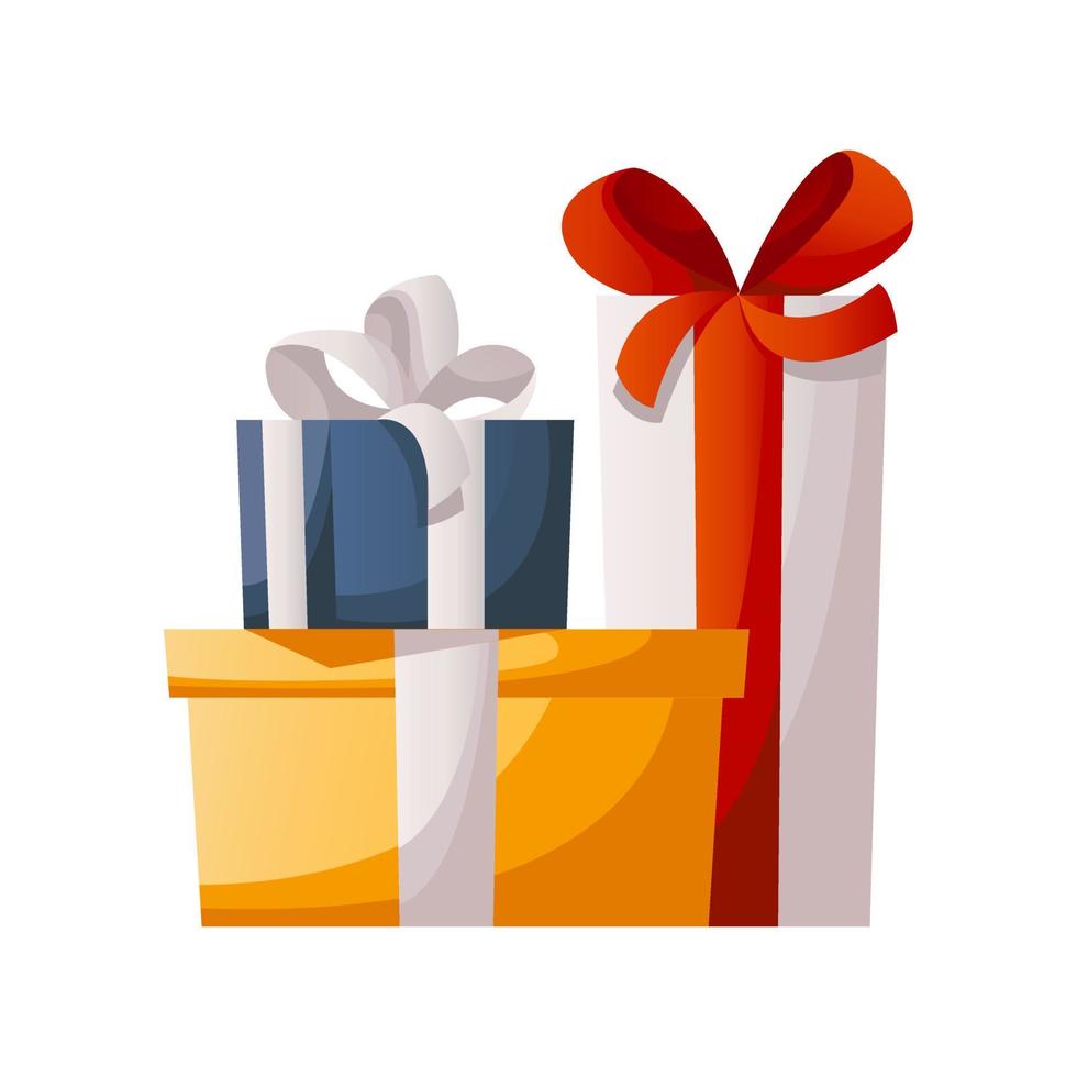bündel geschenkboxen in geschenkpapier mit band, schleifen. stapel von überraschungsgeschenkboxen. teilnehmen, um Preise zu gewinnen. geburtstagsfeier, feier, urlaub, veranstaltung, festlich, glückwunschkonzept. vektor